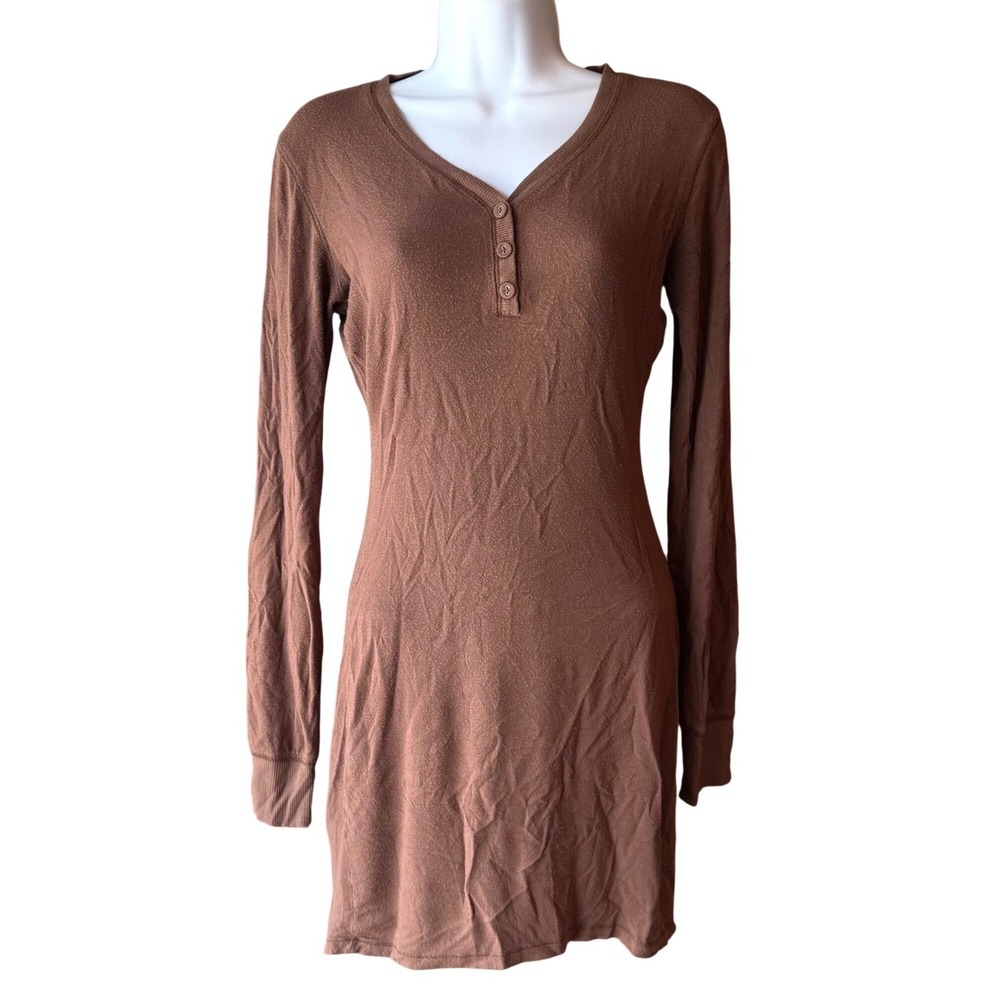 Skims Brown Henley Mini Dress Long Sleeve Bodycon Womens Size Small